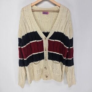 Edikted Cable Knit Cardigan Sweater Womens M/L Cream Navy Red Striped Oversized